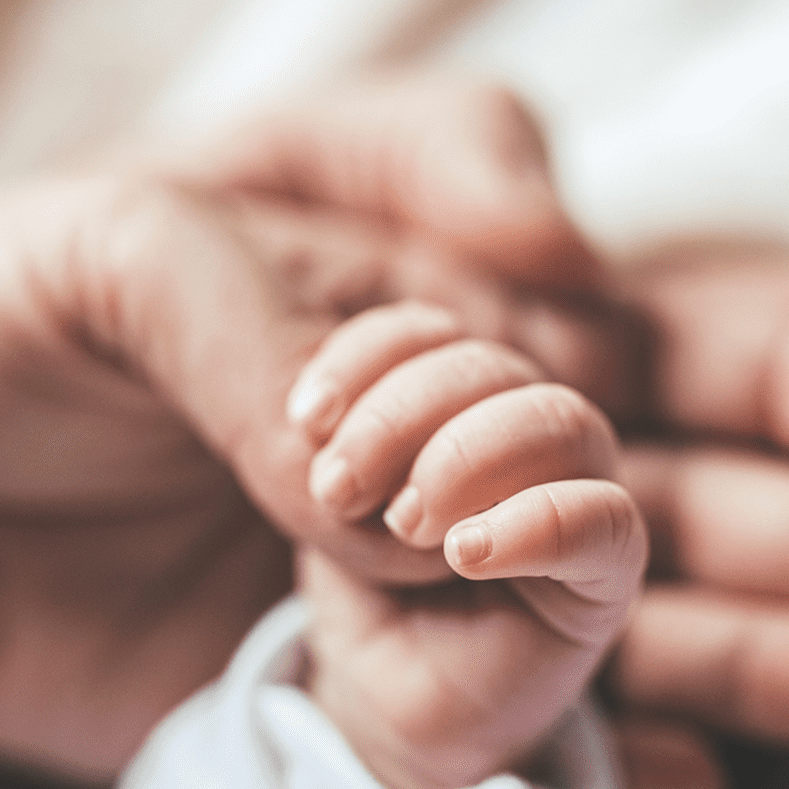 Baby hand resting on adult hand.