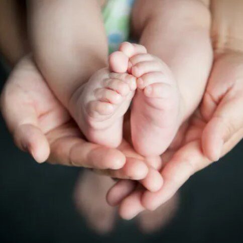 Baby feet in hands symbolizing family creation and mission-driven care
